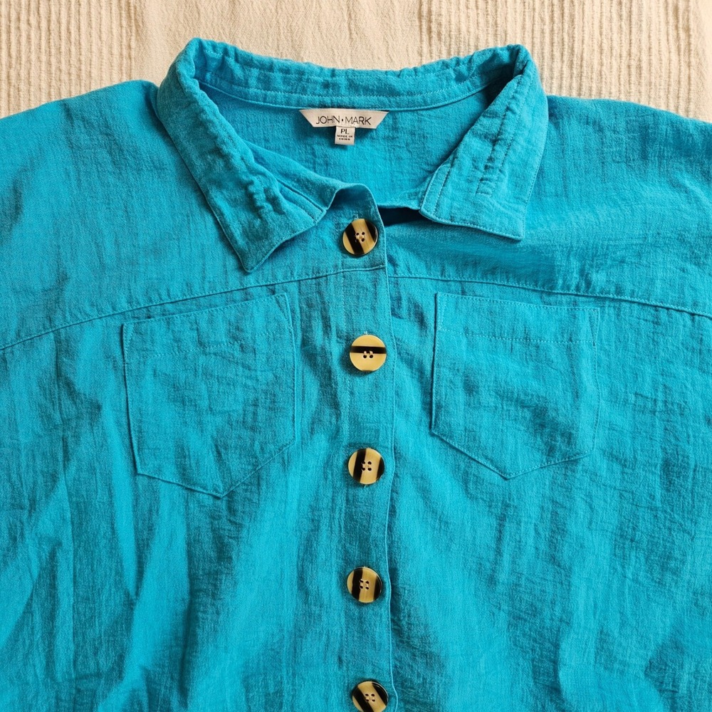John Mark Turquoise Blue Button Front Blouse Shor… - image 3